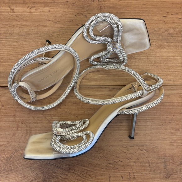 MACH & MACH Double Crystal Bow Square Toe Sandal Heels Size 37 Silver Formal - Picture 7 of 12